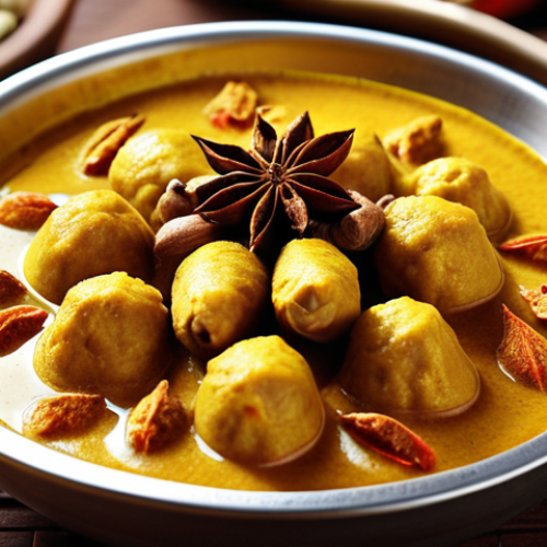 Home 11 **Aromatic Malaysian Curry**: A vibrant, golden-yellow curry dish with turmeric as the star. Close-up shot highlighting the diverse spices like star anise, cardamom, and cinnamon. Focus on the rich texture and inviting aroma.