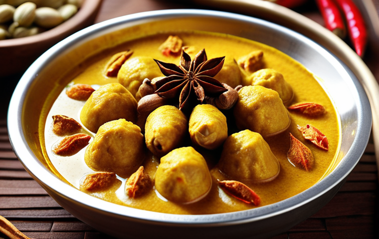 **Aromatic Malaysian Curry**: A vibrant, golden-yellow curry dish with turmeric as the star. Close-up shot highlighting the diverse spices like star anise, cardamom, and cinnamon. Focus on the rich texture and inviting aroma.