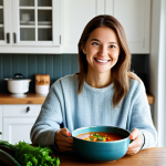 A serene woman in modest, comfortable home attire, gently smiling as she holds a steaming bowl of vibrant vegetable soup, sitting at a clean, well-lit dining table in a cozy home kitchen. Soft natural light illuminates the scene, conveying a sense of warmth and health. fully clothed, appropriate attire, safe for work, perfect anatomy, correct proportions, natural pose, professional photography, high quality, well-formed hands, proper finger count, natural body proportions, appropriate content, family-friendly.