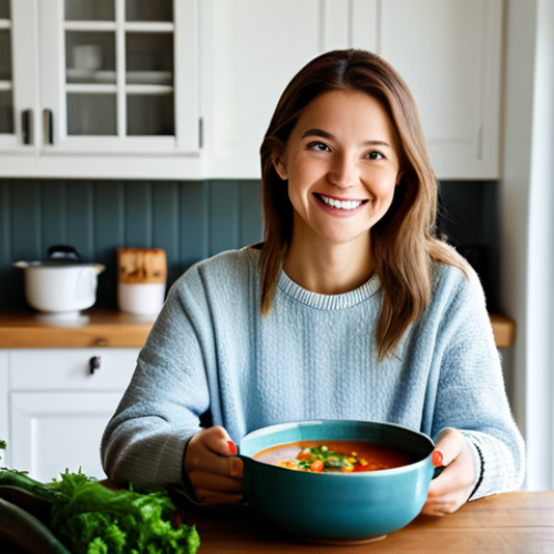 Home 6 A serene woman in modest, comfortable home attire, gently smiling as she holds a steaming bowl of vibrant vegetable soup, sitting at a clean, well-lit dining table in a cozy home kitchen. Soft natural light illuminates the scene, conveying a sense of warmth and health. fully clothed, appropriate attire, safe for work, perfect anatomy, correct proportions, natural pose, professional photography, high quality, well-formed hands, proper finger count, natural body proportions, appropriate content, family-friendly.